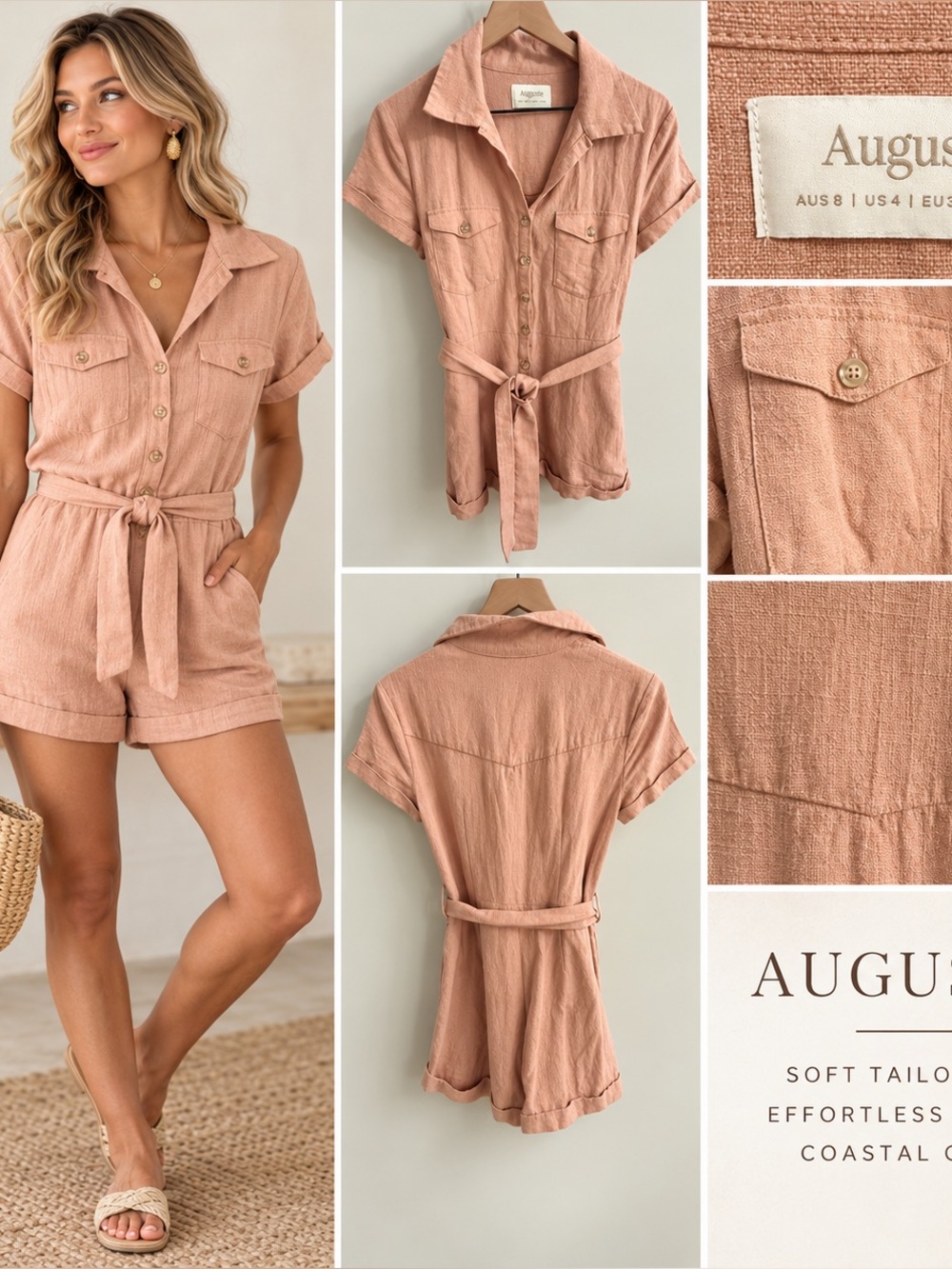 Auguste The Label US 4 Blush Pink Utility Belted Romper Short Sleeve